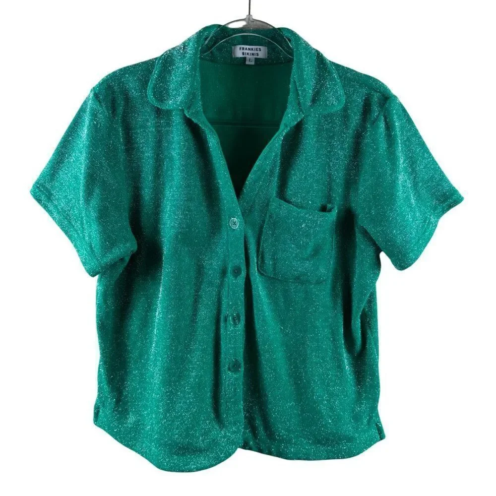 Frankies Bikinis Coco Sparkle Terry Button Up Shirt Mistletoe Green Large Beach
